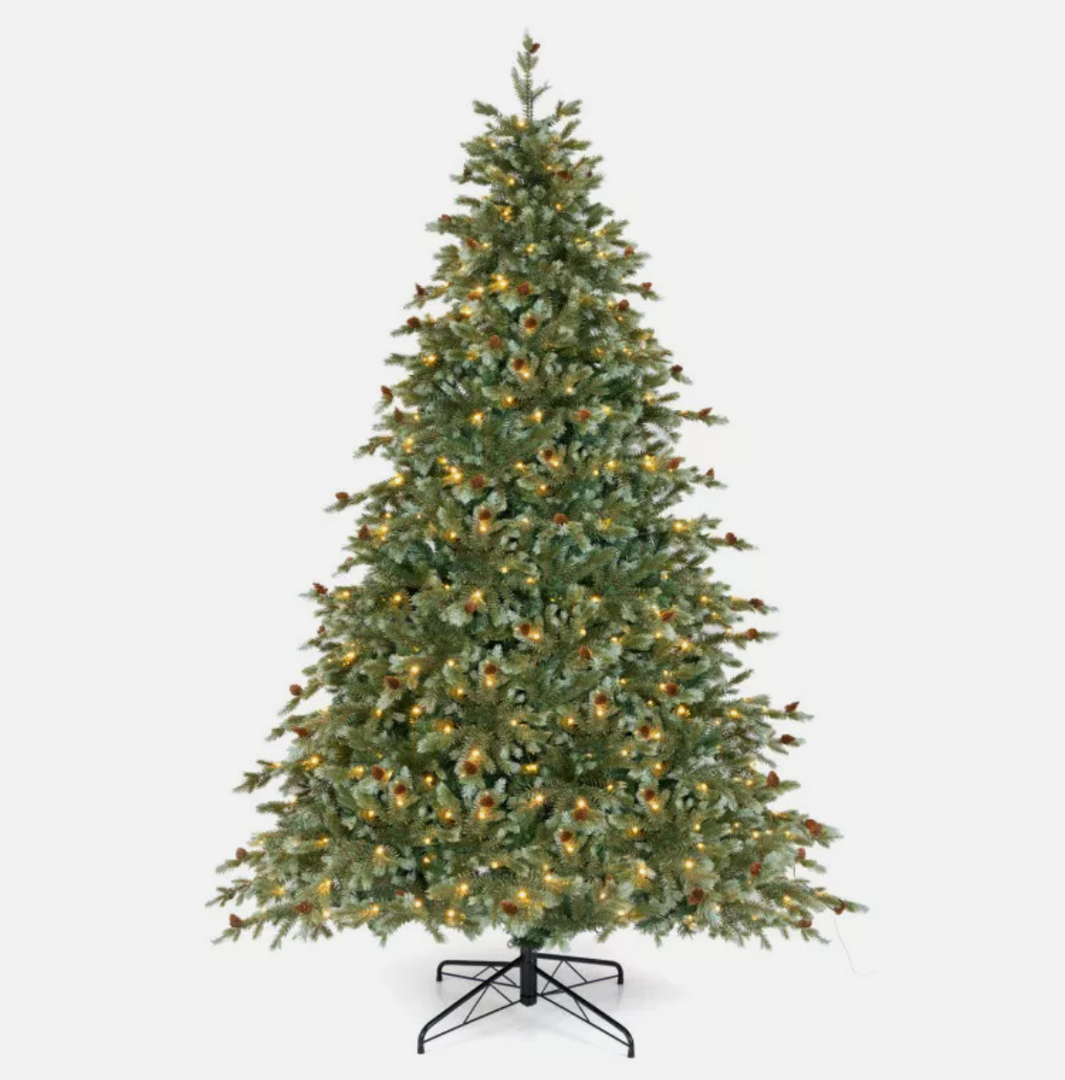 8 Feet Christmas Tree with Warm White LED Lights and Pine Cones