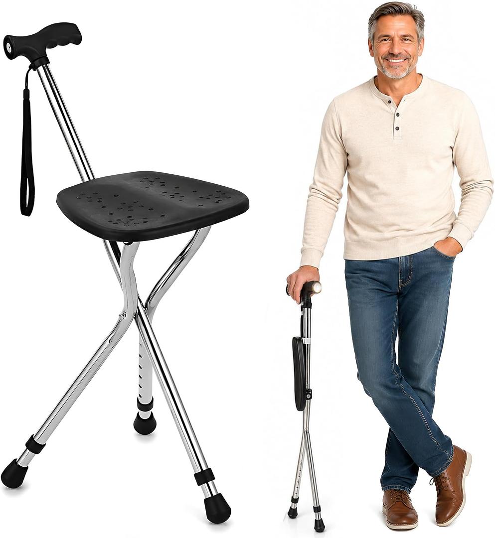 Hold 330 lbs Folding Canes with Seat Walking Stick - Portable Sturdy Non Slip Canes for Women and Men - Lightweight Adjustable Walkers for Seniors with Seat, LED Light - Elderly Folding Outdoor Chairs