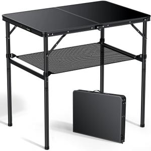 Anbte 3ft Camping Table Foldable with Storage Net, 3 Heights Max 29.5" Aluminum Camping Table with Portable Handle, Lightweight, for Travel Outdoor Beach Picnic Patio Indoor, 36" x 24", Pure Black, 36"L x 24"W x 29.5H"