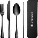 Portable Utensils Set with Case,Reusable Office Flatware Set,Healthy Travel Cutlery Set 4 PCs Stainless Steel Knife Fork Spoon Straw Cutlery Ideal for Travel, Lunch Box and Camping (Black-4 PCs)