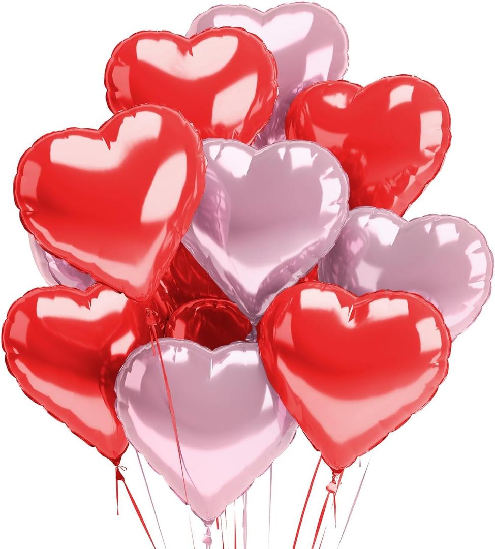 Red Rose Heart Balloons Valentines Day Heart Shaped Foil Balloon Pack of 12