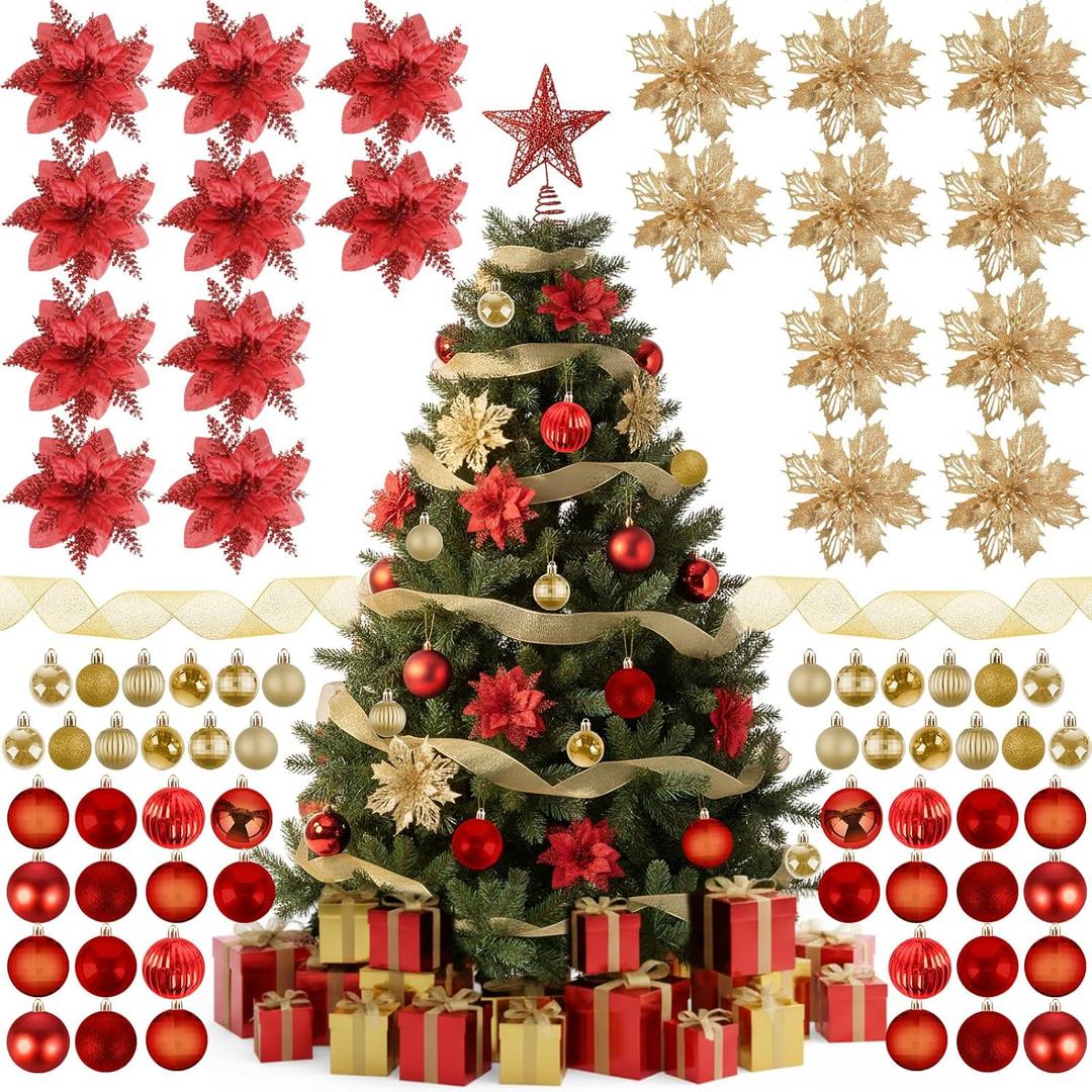 Skylety 104 Pcs Christmas Tree Decorations Set, Red & Gold Christmas Hanging Ornament Ball Tree Star Topper Artificial Poinsettia Flower Ribbon Matching Gift Box for Xmas Party Decor