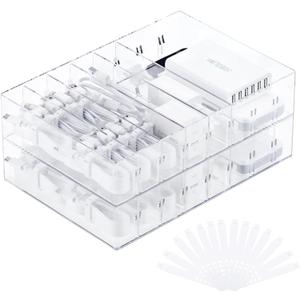 FRETONBA 2Pcs Cable Charger Organizer Box, Large Cords Storage Organizer with Adjustable Compartments and Wire Ties, Stackable Cord Organizer for Drawer - Clear