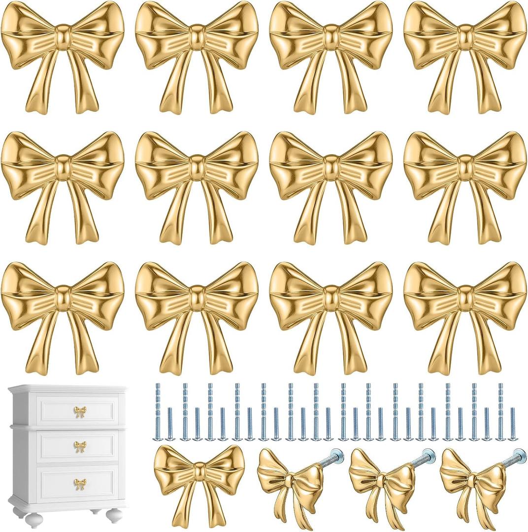 Hotop 15 Pack Gold Bow Dresser Knobs Cabinet Drawer Knobs with 2 Kinds Screws for Hardware Dresser Kitchen Drawer Aluminum Alloy Oxidation Wire Drawing Handle, 1.57" x 1.18"