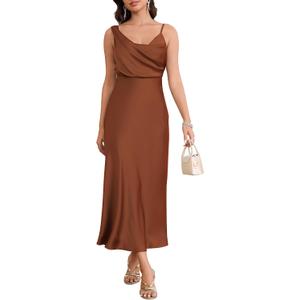 Women's Summer Satin Dress Elegant Cowl Neck Adjustable Spaghetti Strap Wedding Guest Cocktail Party Maxi Dresses (Brown, S)