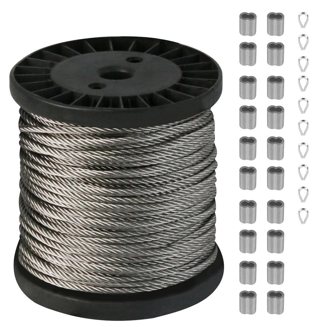 200 FT Wire Rope, 1/5" Wire Rope Kit, 304 Stainless Steel Cable, 7x19 Strand Aircraft Cable Rope for Yard Zipline Clothes Trellis