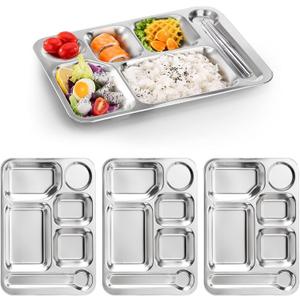 Fasmov 4 Pack Stainless Steel Rectangular Divided Dinner Tray, 6 Sections Stainless steel Metal Plate for Adults, Picky Eaters, Campers, and Portion Control