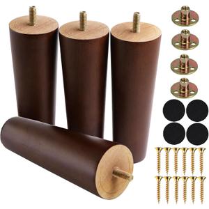 6 Inches Round Solid Wood Furniture Legs Set of 4, Brown Wooden Replacement Feet with Threaded 5/16'' Hanger Bolts for Sofa, Couch, Armchair, Cabinet, TV Stand, Ottoman and Dresser