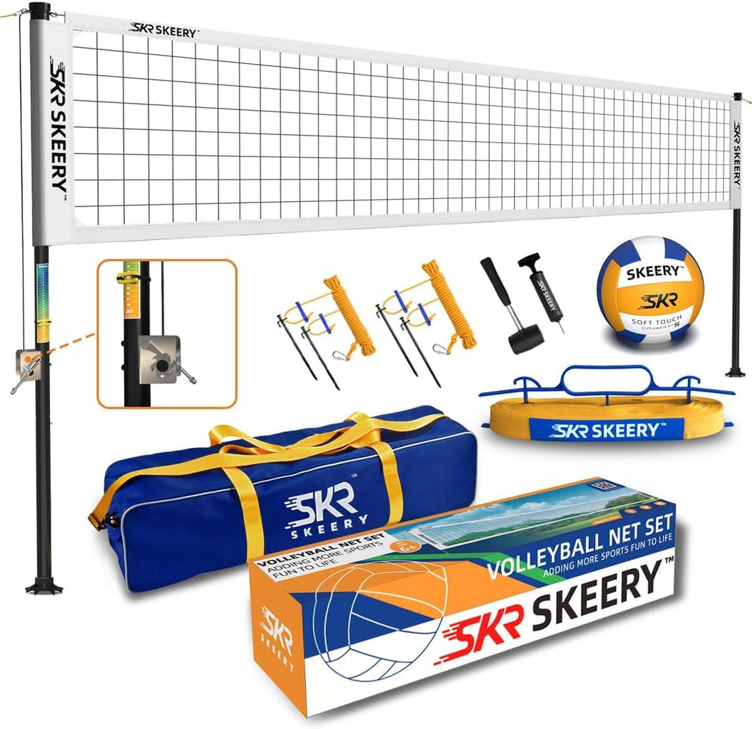SKEERY Outdoor Heavy Duty Volleyball Net Set, Anti-Sag Design, Adjustable Aluminum Poles, Portable Volleyball Net for Backyard,Grass and Beach