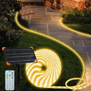 50Ft Solar LED Strip Lights Outdoor, 540 LED Long Strip Lights IP68 Fully Waterproof Acrylic Tape with Remote Self-adhesive, Cuttable Auto ON/OFF Rope Lights for Patio Pool Camping Decor (Warm White)