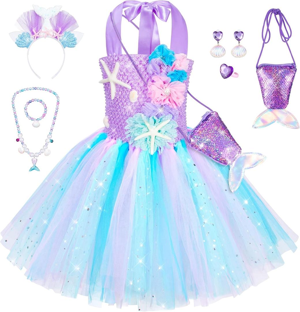 Little Mermaid Tutu Dress for Girls - Princess Mermaid Ariel Costume with Accessories (5-6 Years, Light Purple)