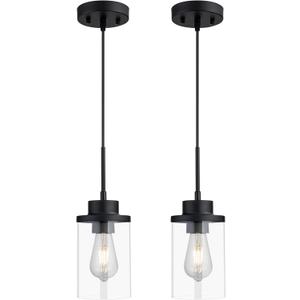 Modern Black Farmhouse Clear Glass Cylinder Pendant Light Fixture, Single Hanging Pendant Lighting for Kitchen Island, Dining Room, Foyer & Hallway(2 Packs)