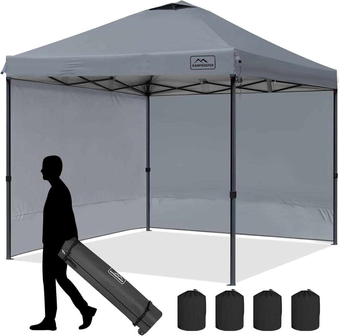 KAMPKEEPER 10x10 Pop Up Canopy Tent with 2 Sidewalls, Beach Tent - Easy Outdoor Sun Shade for Events, Parties, Camping - Gazebo with 4 Weight Bags & Carry Bag.Grey
