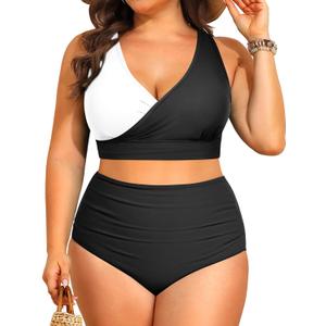 Tempt Me Plus Size High Waisted Bikini - Women Two Piece Swimsuit Tummy Control Bathing Suit 2025 Swimwear (Black White)