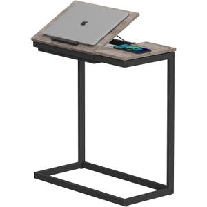 TUTOTAK C Shaped End Table, Large Side Table Tiltable Desk with Storage Bag, TV Tray Under Couch Table for Livingroom, Bedroom, Greige TB01BG089