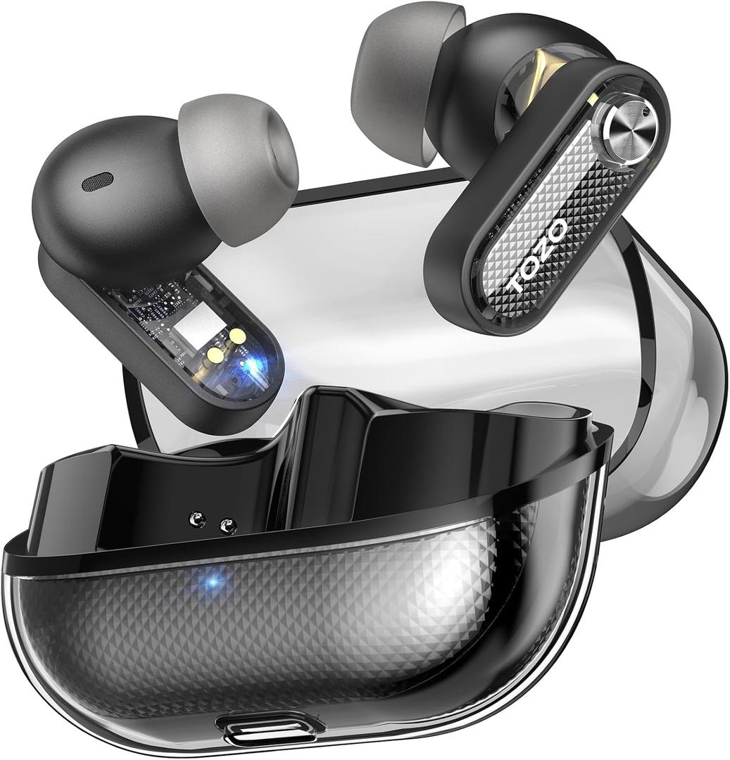 TOZO Hybrid Active Noise Cancelling Wireless Earbuds, 10mm Drivers Deep Bass Stereo Sound, 4 Mics Smart ENC AI Calls, 32 EQ Customization via App, Bluetooth 5.4 Headphones, Crystal Case Design (Black)
