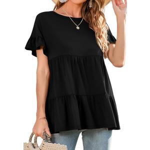 Neineiwu Women's Casual Ruffle Short Sleeve Crewneck Loose Tops Blouses Tunics (Black, M)