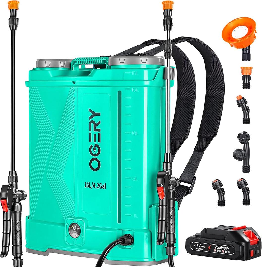 OGERY Battery Powered Backpack Sprayer 4 Gallon, 2.6Ah 21V Battery Electric Pump Sprayer with 6 Nozzles, Telescopic Stainless Steel + Plastic Wand for Lawn Garden Weed Yard Cleaning (Charger Included)