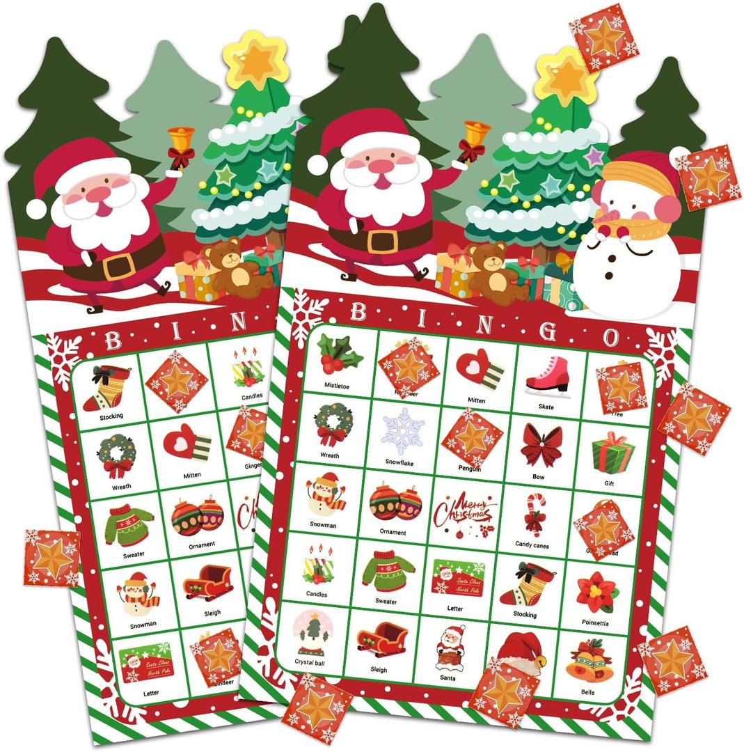 Christmas Bingo Games - 24 Players Bingo Set Paper Bingo Cards Disposable for Adults Christmas Party Games for Family Larger Groups Gatherings