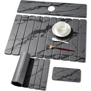 3 PCS Large Stone Dish Drying Mat for Kitchen Counter, Quick Dry Diatomaceous Earth Mat with Sink Faucet Pad, Marble Water Absorbing Stone Drying Mats for Dishes, Bottles and Cups
