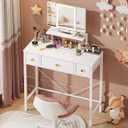 HIGDBFE Small Makeup Vanity Desk 27.5''W with Mirror and Lights, Vanity Desk with 3 Fabric Drawers and HeightAdjustable Stand, Vanity Table for Girls Gifts, Bedroom and Small Spaces, White