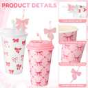 48 Pcs Pink Bow Party Favors Paper Cups with Lids and Straws 16 oz Birthday Party Decoration and Supplies Bachelorette Cups for Girl