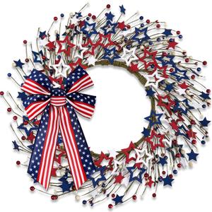 4th of July Independence Day Red White Blue Berry Wreath with Bow, ZOXILEN 20 inch American Flag Stars Wreath Patriotic Decoration, Memorial Flag Veterans Day Berry Hanging Decor