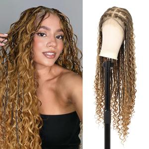 360 HD Full Lace Knotless Boho Braided Wigs for Women Box Braid Wig With Baby Hair Human Hair Blended Braided Lace Front Wigs Blonde 36 Inch (HD Full Lace Boho Braids-36)