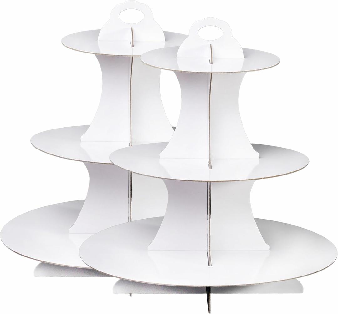 2 Pcs 3-Tier Cardboard Cupcake Stand,White Cupcake Stand Tower for Birthday Wedding DIY Dessert Decoration