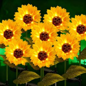 2 Pack 26.8" Large Halloween Decorations Outdoor Sunflower Skull Solar Lights Skeleton Stake Lights for Garden Yard Patio Lawn