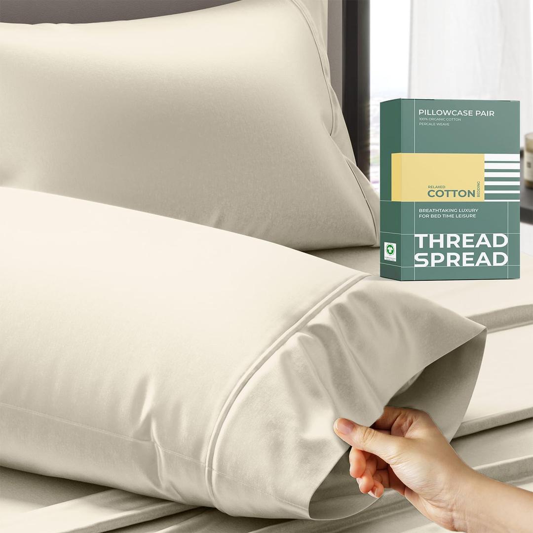 THREAD SPREAD 100% Organic Cotton Pillow Cases Set of 2 Queen/Standard Size - Soft, Cooling, Crisp & Breathable Organic Cotton Percale Weave Pillowcase for Queen Pillow (Ivory), GOTS Certified
