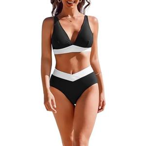 AI'MAGE High Waisted Bikini Set for Women Tummy Control Women's 2 Piece Bathing Suit V Neck Sexy Color Block Swimsuit 2025 (Black White, S)