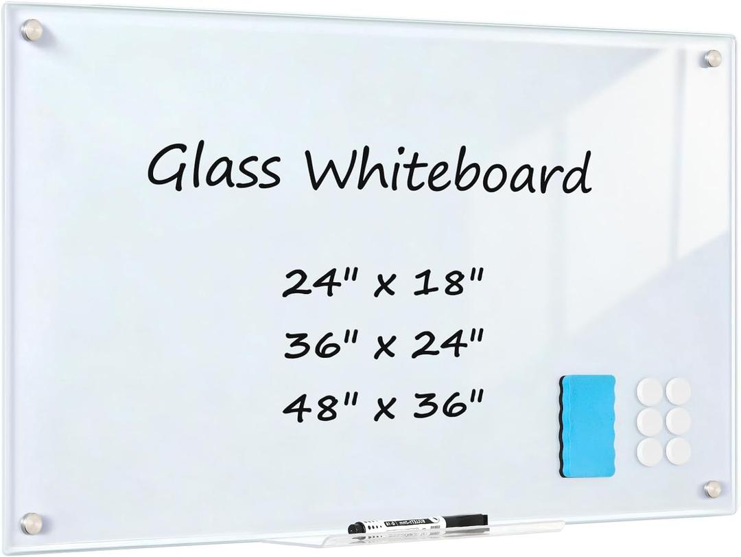Glass Magnetic Dry Erase Board, 24" x 18" 2'x1.5' Tempered Glass Whiteboard Wall Mounted Small White Board for Home, Office, School