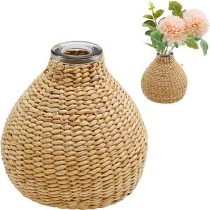 Woven Glass Vase with Rattan Cover, Beige, Rectangular, 10x8.8cm, Ideal for Home Decor, Weddings, Birthdays, Aromatherapy
