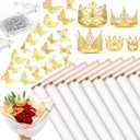 Seajan 193Pcs Graduation Flower Bouquet Accessories, 40 Flower Wrapping Paper 5 Mini Crowns 48 3D Gold Butterfly Wall Decor and 100 Corsage Bouquet Pins for Women Graduation Wedding Birthday(White)
