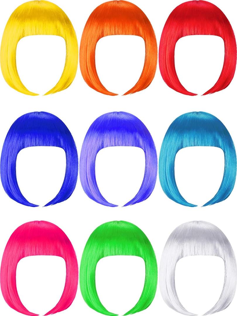 WILLBOND 9 Pieces Short Bob Hair Wigs Multicolored Cosplay Costume Wig Daily Party Hairpiece for Women Girls (Orange, Green, Violet, White, Blue, Pink, Red, Yellow, Sky Blue)