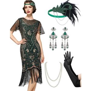 SWEETV Great Gatsby Lace Neck Flapper Dress - 1920s Dress for Women With Sleeve - Roaring 20s Costume (XXL, Green)