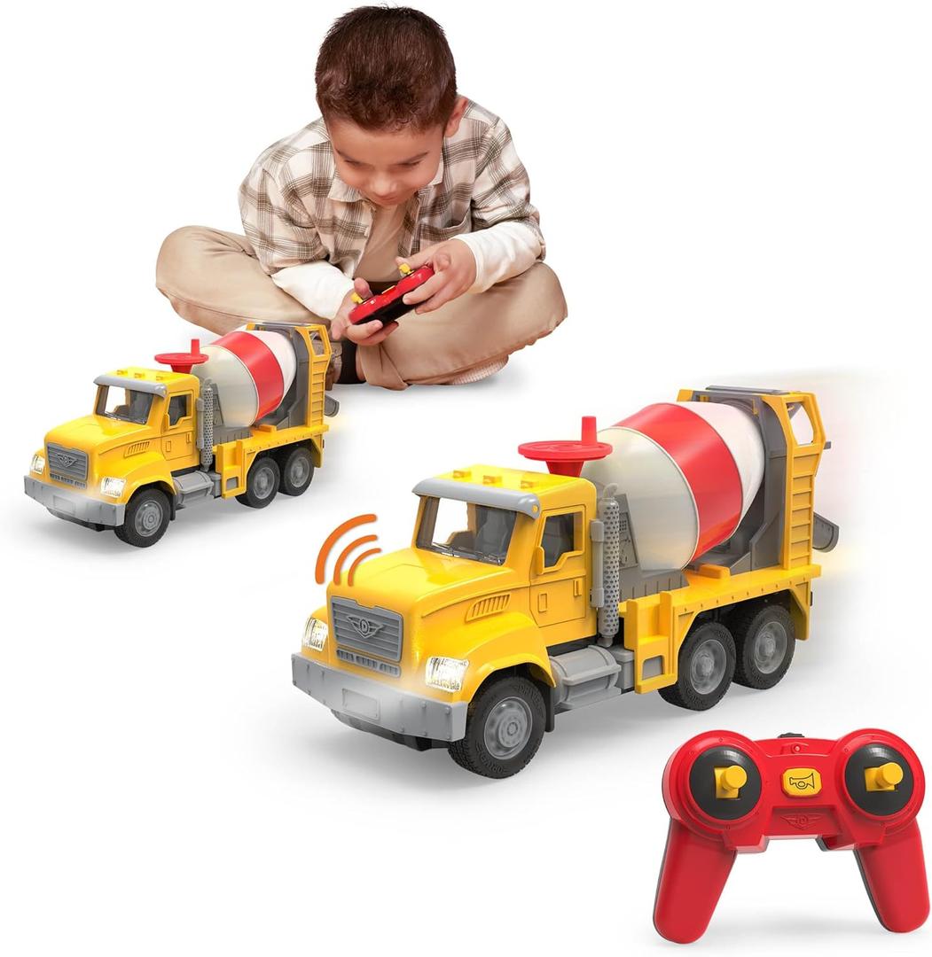Driven by Battat - 7" Remote Control Cement Mixer Truck Toy for Kids - Construction Vehicle with Rotating Drum, Lights & Realistic Sounds - Interactive Mixer for Boys & Girls Ages 3+