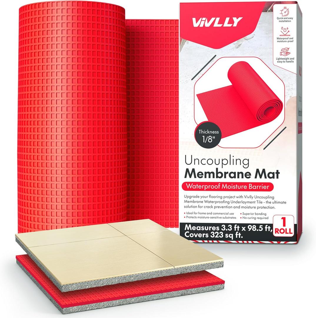 1/8 Uncoupling Membrane for Tile, Stone, Concrete, Shower Walls, Bathroom Floors Waterproof, Anti-Fracture Underlayment Mat (3.3ft x 98.5ft, 323 sq ft) Colors May Vary
