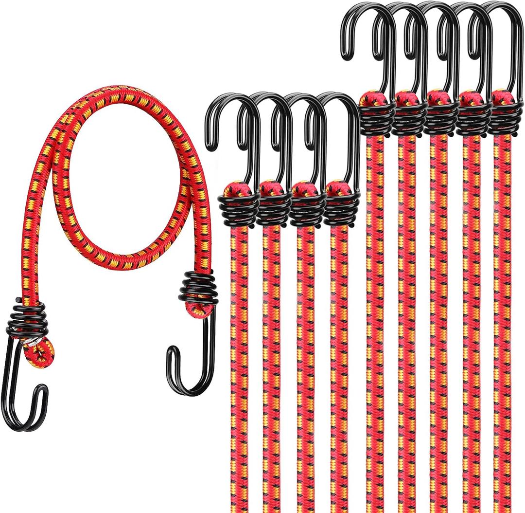 24" Elastic Bungee Cords with Hooks: 10 Pcs Bungee Cords Heavy Duty Outdoor, Bungie Cord Bundle Assortment with Metal Hook, Bungee Straps for Kayaking, Camping, Garage Storage