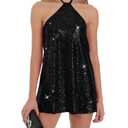 hibshaby Women's Glitter Sequin Dress Halter Neck Party Cocktail Sparkly Mini Dress Clubwear Black S