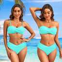 Women's Strapless Bandeau Bikini Set - Twist Front Two Piece Swimsuit with Side Tie Bathing Suit Bottom (Blue, M)