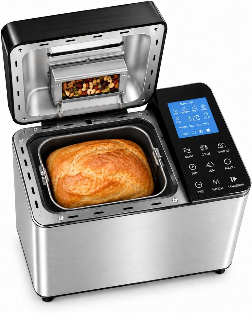 25‑IN‑1 Bread Maker, 2LB One‑Touch Control Bread Machine with Visible Lid, Auto Nut Dispenser & 13‑Hour Delay Timer, Easy‑Use for Beginners
