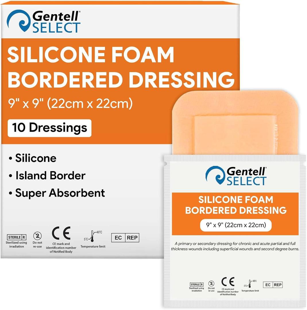 Silicone Foam Dressings 9"x9" - 10 Bordered Silicone Bandages for Wounds - Heavily Absorbent Pads for Moderate and Heavy Exudate Wounds - Good for Sensitive Skin