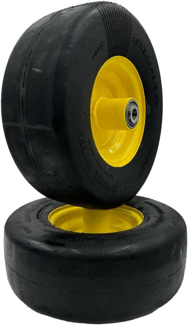 Set of 2-13x5.00-6 Flat Free Yellow Lawn Mower Wheel Assembly - 5/8 Inch Hub