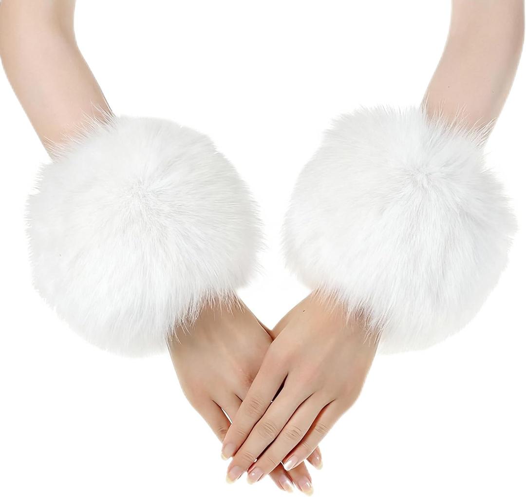 2 x Faux Fur Arm Warmers Wrist Cuffs Winter Furry Hand Warmers for Cold Weather Party Costume (White) (White)