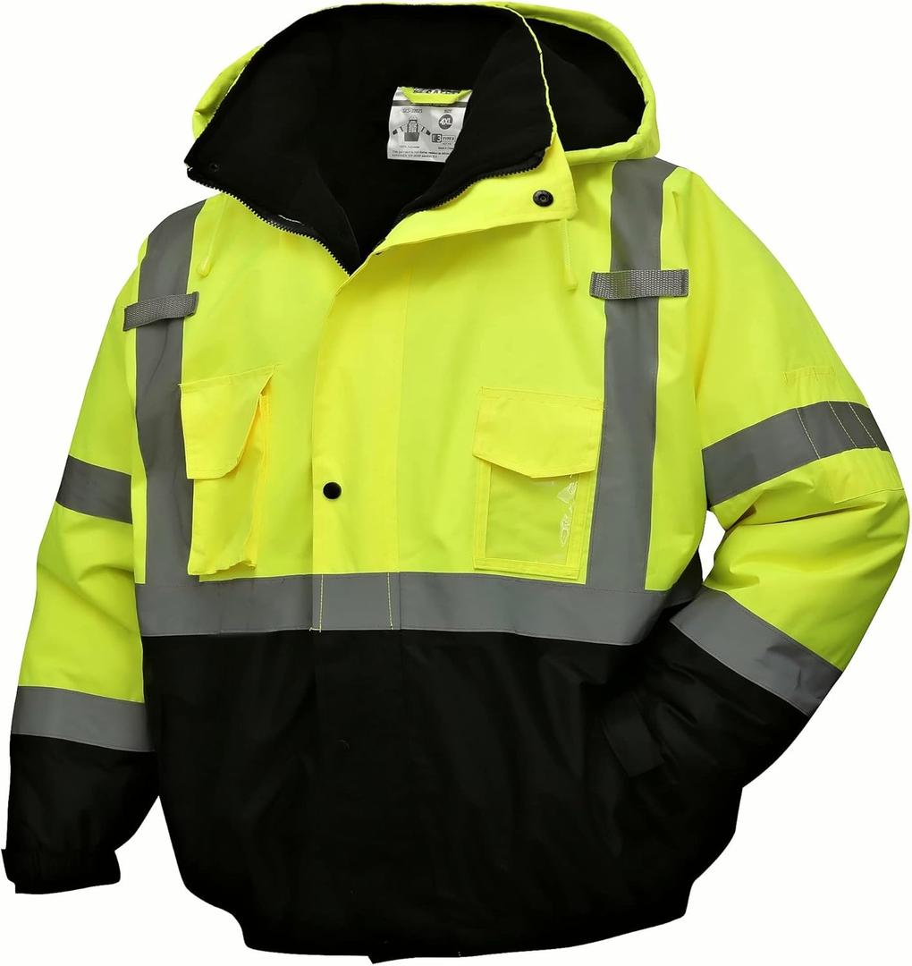 SKSAFETY High Visibility Reflective Jackets for Men, Waterproof Class 3 Safety Jacket with Pockets, Hi Vis Yellow Coats with Black Bottom, Mens Work Construction Coats for Cold Weather, XL, 1 Pack