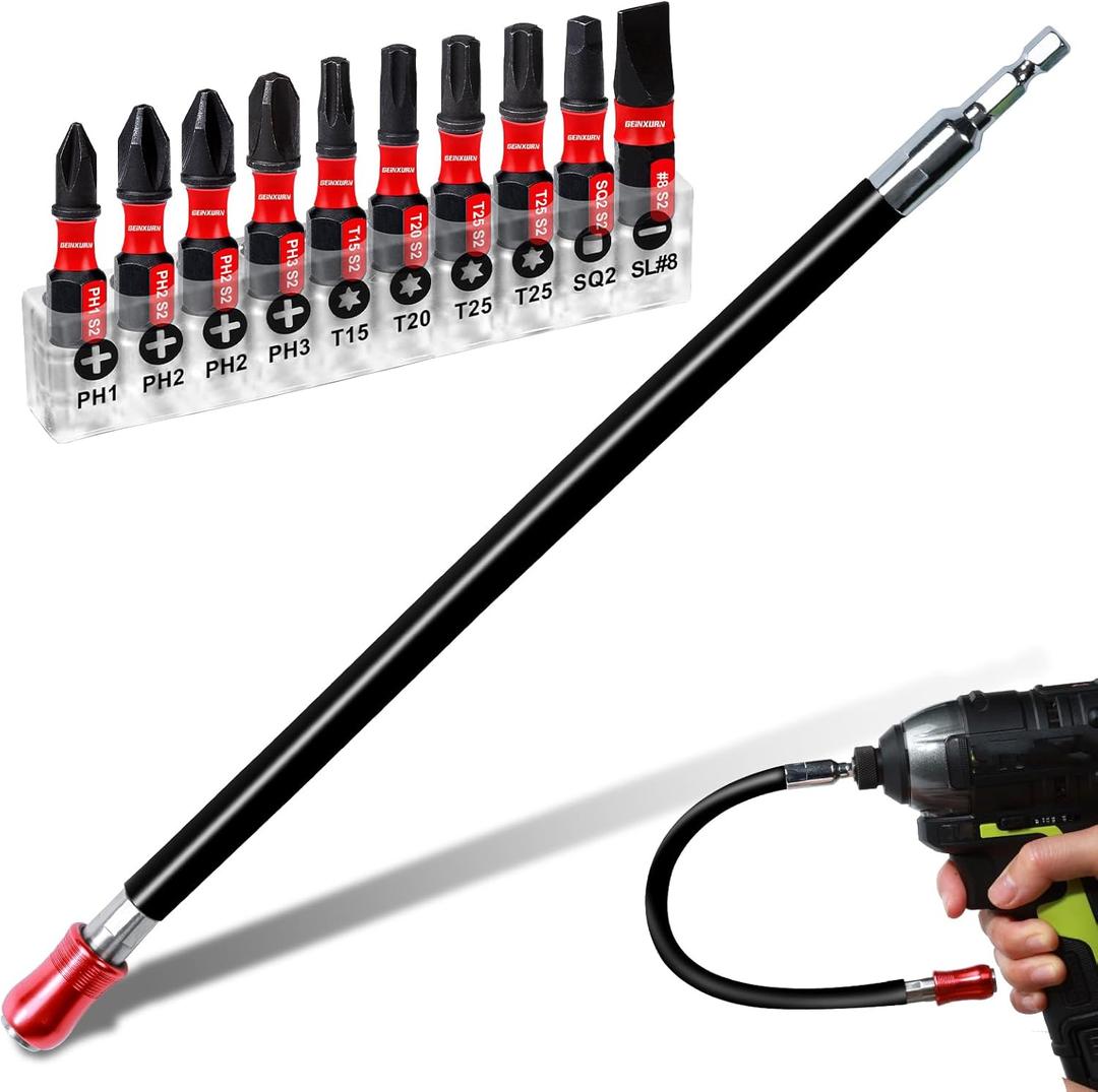 Flexible drill bit Extension Screwdriver Bit Holders, 1PACK 12Inches Flex Shaft Extension Socket Drill Bit Holder Hex Shank Quick-Change Drill Bit Guide with 10PC Screwdriver Bits