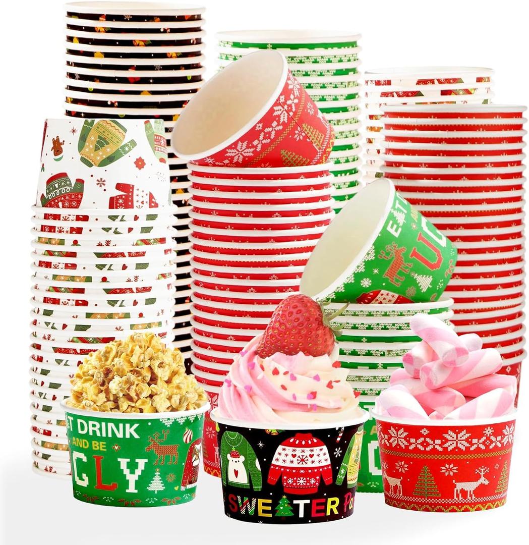 120 Pcs Ugly Sweater Ice Cream Cups 12 oz Disposable Ugly Sweater Paper Dessert Snack Bowls Tacky Sweaters Food Yogurt Cup for Hot Cold Food Soup Candies New Year Winter Holiday Party Supplies
