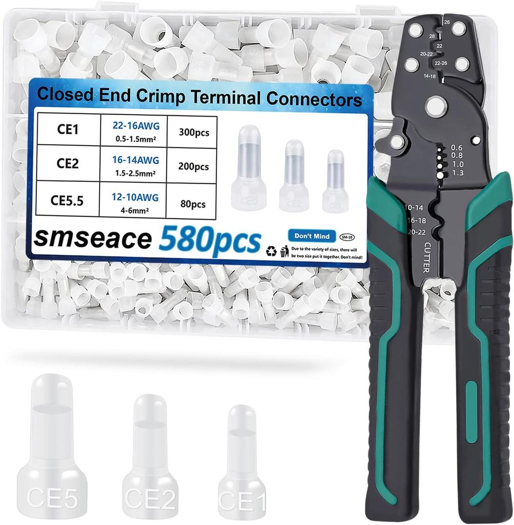 smseace 580pcs 3-Values Closed End Crimp Terminal with Wire Stripper Crimping tool 22-16/16-14/12-10AWG Wire End Caps Closed End Wire Connectors